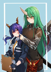 Rule 34 | 2girls, :t, absurdres, alternate costume, arknights, belt, black gloves, black jacket, black shirt, blue background, blue hair, blush, breasts, brown belt, ch&#039;en (arknights), cheek poking, chinese commentary, clipboard, commentary request, dragon horns, fingerless gloves, gloves, green hair, grey pants, hair between eyes, head tilt, highres, holding, holding clipboard, horns, hoshiguma (arknights), hoshiguma (ronin huntress) (arknights), iku! iku!!, jacket, jewelry, large breasts, long hair, long sleeves, looking at another, low twintails, magatama, magatama necklace, mask, medium breasts, multiple girls, necklace, necktie, official alternate costume, oni mask, outline, pants, poking, pouch, red eyes, shirt, simple background, single horn, smile, twintails, upper body, very long hair, white outline, white shirt, wing collar, yellow eyes, yellow neckwear
