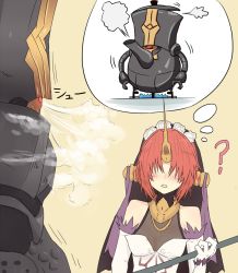 Rule 34 | 1boy, 1girl, ?, armor, bad id, bad pixiv id, bare shoulders, blush, breasts, charles babbage (fate), cleavage, dress, elbow gloves, fate/apocrypha, fate/grand order, fate (series), flower, frankenstein&#039;s monster (fate), gloves, hair ornament, hair over eyes, horns, mecha, open mouth, pink hair, power suit, robot, see-through, see-through cleavage, short hair, veil