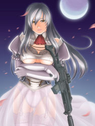 Rule 34 | 1girl, assault rifle, breasts, combat maid, garter belt, gloves, gun, maid, panties, project 3m, rifle, see-through, silver hair, solo, thighhighs, underboob, underwear, weapon, yellow eyes