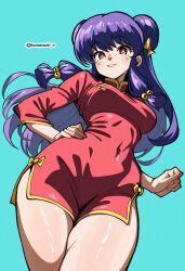 1girl absurdres breasts china_dress chinese_clothes covered_navel double_bun dress floating_hair from_below hair_bun highres komatsuki_n long_hair looking_at_viewer medium_breasts purple_hair ranma_1/2 red_dress red_eyes shampoo_(ranma_1/2) simple_background smile solo thick_thighs thighs twitter_username