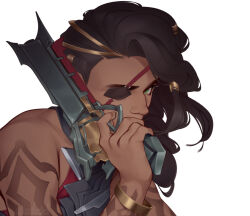 Rule 34 | 1girl, arm tattoo, artist name, bare shoulders, black hair, bracelet, covered mouth, dark-skinned female, dark skin, eyepatch, from side, green eyes, gun, hair ornament, hand up, holding, holding gun, holding weapon, jewelry, league of legends, long hair, looking at viewer, samira, simple background, skailaid, solo, tattoo, weapon, white background