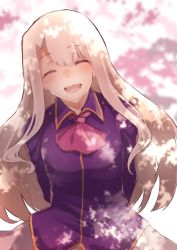 Rule 34 | 1girl, bow, bowtie, cherry blossoms, closed eyes, eyebrows hidden by hair, fate/grand order, fate/stay night, fate (series), fluegel (kaleido scope-710), hair between eyes, highres, illyasviel von einzbern, long hair, looking at viewer, open mouth, silver hair, smile, solo, upper body