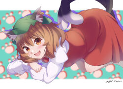 Rule 34 | 1girl, absurdres, animal ear piercing, animal ears, brown hair, cat ears, cat tail, chen, green headwear, hat, highres, looking at viewer, mob cap, multiple tails, nekomata, open mouth, red skirt, shirt, short hair, skirt, smile, tail, touhou, two tails, white shirt, yujin (kanouyuuto-0423)