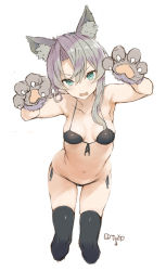 Rule 34 | 1girl, absurdres, alternate costume, animal ear fluff, animal ears, animal hands, asymmetrical hair, bikini, black bikini, black thighhighs, blue eyes, blush, breasts, cropped legs, fang, gloves, grey hair, hair between eyes, highres, kantai collection, looking at viewer, medium breasts, nowaki (kancolle), one-hour drawing challenge, open mouth, paw gloves, paw pose, ryo (tg290), side-tie bikini bottom, simple background, skin fang, solo, swimsuit, thighhighs, white background