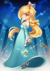 1girl aqua_dress bare_shoulders blonde_hair blue_eyes crown dress earrings hair_over_one_eye high_heels highres holding holding_wand jewelry long_hair mario_(series) mini_crown nail_polish nintendo off-shoulder_dress off_shoulder purple_nails rosalina sasaki_sakiko sky solo star_(sky) star_(symbol) star_earrings star_wand starry_sky super_mario_galaxy telescope wand