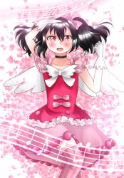 Rule 34 | 1girl, artist name, artist request, bare shoulders, black choker, black hair, blush, bow, bowtie, breasts, choker, cleavage, clenched hand, collarbone, dress, dress bow, earrings, female focus, flast chest, floating hair, frilled shirt collar, frills, gloves, hair between eyes, hair bow, jewelry, lace, lace-trimmed gloves, lace trim, long hair, looking at viewer, love live!, love live! school idol festival, love live! school idol project, m/, miniskirt, musical note, nico nico nii, parted lips, pink bow, pink dress, pink legwear, pink skirt, plaid, plaid dress, plaid skirt, pleated, pleated dress, pleated skirt, pom pom (clothes), red bow, red dress, red eyes, red skirt, short hair, short twintails, skirt, small breasts, smile, solo, striped legwear, twintails, two-tone skirt, vertical-striped legwear, white bow, white gloves, white wings, wings, yazawa nico