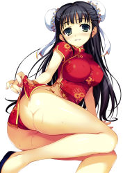 Rule 34 | 1girl, absurdres, arm support, black hair, breasts, bun cover, china dress, chinese clothes, double bun, dress, green eyes, highres, large breasts, long hair, lying, on side, panties, red panties, simple background, smile, solo, tomose shunsaku, underwear, wet