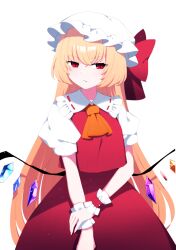 Rule 34 | 1girl, absurdres, ascot, bad id, bad pixiv id, blonde hair, closed mouth, crescent, crescent hat ornament, crystal, dress, flandre scarlet, frilled hat, frills, hair between eyes, hat, hat ornament, highres, long hair, red dress, red eyes, shirt, short sleeves, simple background, touhou, white background, white shirt, wings, wrist cuffs, yellow ascot, you (noanoamoemoe)