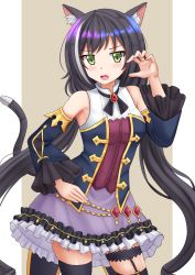 Rule 34 | 1girl, animal ear fluff, animal ears, bare shoulders, black hair, black sleeves, black thighhighs, blush, breasts, cat ears, cat girl, cat tail, claw pose, commentary, cowboy shot, detached sleeves, fang, frilled skirt, frills, garter straps, green eyes, grey hair, hand up, highres, karyl (princess connect!), kazenokaze, long hair, long sleeves, low twintails, multicolored hair, open mouth, princess connect!, purple skirt, shirt, skirt, sleeveless, sleeveless shirt, small breasts, solo, standing, streaked hair, tail, tail raised, thighhighs, twintails, very long hair, white shirt, wide sleeves