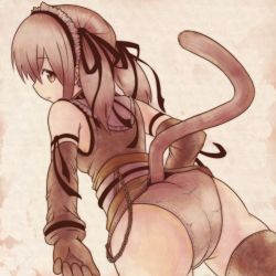 Rule 34 | 1girl, ass, bare shoulders, belt, breasts, brown eyes, elbow gloves, frills, fukanensei, gloves, hair ribbon, hairband, looking at viewer, looking back, maid headdress, original, panties, ribbon, sepia, small breasts, solo, tail, thighhighs, twintails, underwear