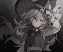 Rule 34 | 1girl, blood, blood on clothes, blood on hands, bow, braid, closed mouth, fingerless gloves, gloves, hair between eyes, hat, hat bow, highres, kirisame marisa, long hair, monochrome, purple hair, rcs 4, shirt, single braid, solo, touhou, upper body, vest, witch hat