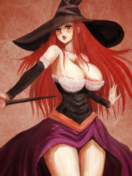 Rule 34 | 1girl, bare shoulders, blush, breasts, brown eyes, cleavage, curvy, detached sleeves, dragon&#039;s crown, dress, hat, large breasts, niwatori kokezou, red hair, solo, sorceress (dragon&#039;s crown), staff, strapless, strapless dress, vanillaware, weapon, witch hat