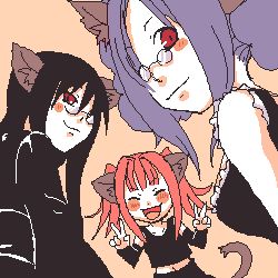 Rule 34 | animal ears, black hair, blue hair, cat, glasses, lowres, pink hair, red eyes, tail, tsuyuka (sunny spot), twintails
