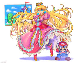 Rule 34 | 1boy, 1girl, \m/, blonde hair, blue eyes, brown hair, commentary, crown, dress, floating hair, gloves, hat, highres, long hair, looking at viewer, mario, mario (series), nintendo, oomasa teikoku, open mouth, overalls, pink dress, princess peach, squatting, thumbs up, very long hair, white gloves