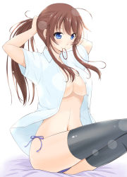 Rule 34 | 1girl, adjusting hair, black thighhighs, blouse, blue eyes, breasts, brown hair, collared shirt, dress shirt, from side, highres, large breasts, long hair, mouth hold, navel, no pants, open clothes, open shirt, original, panties, ponytail, shirt, side-tie panties, sitting, smile, solo, thighhighs, underboob, underwear, yuuki kazuhito