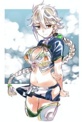 Rule 34 | 1girl, arms behind back, asymmetrical hair, braid, breasts, cleavage cutout, closed mouth, clothing cutout, cloud print, commentary, crop top, cropped legs, fingernails, hair between eyes, hair ornament, hip vent, kantai collection, microskirt, midriff, navel, neck ribbon, orange eyes, ribbon, sagamiso, shaded face, short sleeves, silver hair, simple background, single braid, skirt, smile, solo, thighhighs, unryuu (kancolle), white background