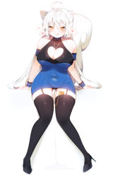 Rule 34 | 1girl, :q, ahoge, animal ear fluff, animal ears, bare shoulders, black panties, black thighhighs, blue skirt, breasts, cleavage, cleavage cutout, clothing cutout, commission, covered erect nipples, covered navel, curvy, full body, gluteal fold, hair between eyes, heart, high heels, highres, large breasts, no bra, original, panties, plump, riss, sen light, sex toy, sitting, skirt, solo, suggestive fluid, tail, thighhighs, thighs, tongue, tongue out, underwear, vibrator, vibrator in thighhighs, white hair, wrist cuffs, yellow eyes