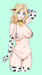 Rule 34 | 1girl, absurdres, animal ears, animal print, bell, bikini, blonde hair, breasts, cameltoe, cleavage, cleft of venus, cow ears, cow horns, cow print, cow print bikini, cowbell, elbow gloves, fake animal ears, fake horns, girls und panzer, gloves, green background, green eyes, highres, horns, kay (girls und panzer), kuppipi ramutarou, large areolae, large breasts, long hair, looking at viewer, micro bikini, navel, neck bell, open mouth, print bikini, print thighhighs, side-tie bikini bottom, simple background, smile, solo, swimsuit, thighhighs