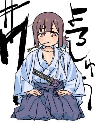 Rule 34 | 1girl, alternate costume, blue hair, blue kimono, blunt bangs, blush, brown hair, closed mouth, collarbone, dot nose, frown, glaring, hakama, hands on own thighs, highres, hozuki momiji, jaggy lines, japanese clothes, katana, kimono, long sleeves, looking at viewer, low ponytail, mole, mole under eye, mouth hold, multicolored hair, onii-chan wa oshimai!, red eyes, samurai, seiza, sheath, sheathed, short hair, short ponytail, sitting, solo, stalk in mouth, sword, two-tone hair, v-shaped eyebrows, weapon, white background, wide sleeves, ykr (youkiri)
