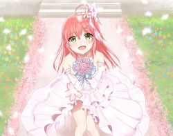 Rule 34 | 1girl, ahoge, alternate costume, bare shoulders, bouquet, bride, cherry blossoms, crying, crying with eyes open, dress, flower, grass, green eyes, hair ornament, hairclip, highres, hololive, long hair, looking at viewer, natsunekaede, open mouth, pink hair, sakura miko, stairs, tears, virtual youtuber, wedding dress, white dress