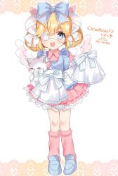 Rule 34 | 1girl, :d, animal, apron, bell, blonde hair, blue apron, blue bow, blue eyes, blue footwear, blush, bow, cat, commission, cutesu (cutesuu), dress, eyepatch, frilled bow, frills, full body, hair bell, hair bow, hair ornament, holding, holding animal, holding cat, jingle bell, long sleeves, looking at viewer, medical eyepatch, medium hair, noi mine, one eye covered, open mouth, original, pigeon-toed, pink dress, pink legwear, shoes, skeb commission, sleeves past fingers, sleeves past wrists, smile, solo, striped, striped bow, white bow, wide sleeves