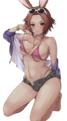 1girl animal_ears bangle bare_legs bare_shoulders barefoot bikini bracelet breasts brown_eyes brown_hair closed_mouth collarbone cutoffs eyewear_on_head feet final_fantasy final_fantasy_xiv fingernails highres jacket jewelry kneeling light_smile looking_at_viewer medium_breasts navel open_fly purple_jacket red_bikini short_hair short_shorts shorts solo stomach sunglasses swimsuit tarou_(komekueyo) thighs warrior_of_light_(ff14)