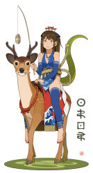 Rule 34 | 10s, 1girl, 2013, ainu clothes, animal, arm warmers, barefoot, brown hair, chinese zodiac, deer, detached sleeves, fishing rod, food, go robots, grin, highres, horns, japanese clothes, jewelry, leg warmers, loincloth, looking at viewer, magatama, nail polish, necklace, new year, no panties, object on head, on head, original, patterned legwear, pointy ears, riding, rope, saddle, senbei, sitting, sitting on animal, sleeveless, slit pupils, smile, snake (chinese zodiac), snake tail, straddling, tail, toeless legwear, toenail polish, toenails, toes, torii, traditional clothes, wagashi, yellow eyes