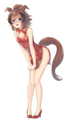Rule 34 | 1girl, absurdres, alternate costume, animal ears, bare arms, bare legs, blush, breasts, brown hair, cha seiga, china dress, chinese clothes, cleavage cutout, clothing cutout, dress, dress tug, ears down, embarrassed, full body, high heels, highres, horse ears, horse girl, horse tail, leaning forward, looking at viewer, medium hair, multicolored hair, nose blush, open mouth, purple eyes, red dress, red footwear, shinko windy (umamusume), side slit, simple background, sleeveless, sleeveless dress, small breasts, solo, standing, tail, umamusume, white background