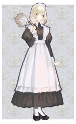 Rule 34 | 1girl, :o, absurdres, apron, arm at side, black dress, black footwear, blonde hair, border, collared dress, dress, earrings, frilled apron, frilled dress, frills, full body, grey eyes, highres, holding, jewelry, juliet sleeves, long dress, long sleeves, maid, maid apron, maid headdress, mallllma, medium hair, original, parted lips, puffy sleeves, shoes, socks, standing, stud earrings, victorian maid, white apron, white border, white socks