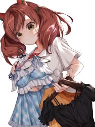 Rule 34 | 1girl, animal ears, black dress, blush, breasts, brown eyes, brown hair, brown shirt, closed mouth, clothes hanger, collarbone, commentary request, dress, frills, highres, holding, horse ears, misoni (mi so ni t), multicolored hair, nice nature (umamusume), puffy short sleeves, puffy sleeves, shirt, short sleeves, simple background, small breasts, solo, streaked hair, twintails, umamusume, white background, white shirt