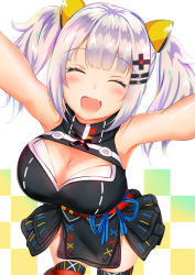 Rule 34 | 1girl, :d, ^ ^, absurdres, armpits, arms up, bare arms, bare shoulders, black shirt, black skirt, blue ribbon, blush, breasts, checkered background, cleavage, cleavage cutout, closed eyes, clothing cutout, cowboy shot, d-pad, d-pad hair ornament, eyelashes, closed eyes, fang, hair ornament, hairclip, highres, kaguya luna, long hair, looking at viewer, medium breasts, miniskirt, obi, open mouth, outstretched arms, red thighhighs, ribbon, sash, shirt, sidelocks, silver hair, skirt, sleeveless, sleeveless shirt, smile, solo, the moon studio, thighhighs, twintails, virtual youtuber, yuano, zettai ryouiki