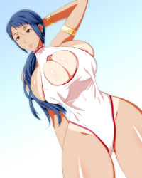 Rule 34 | 1girl, 286c, armband, blue hair, bracelet, breasts, cleavage, cleavage cutout, clothing cutout, fire emblem, fire emblem fates, gold, gradient background, highres, huge breasts, jewelry, mature female, nintendo, nipple slip, nipples, one-piece swimsuit, orange eyes, ponytail, reina (fire emblem), scar, smile, solo, swimsuit, tan, tanline, thick thighs, thighs