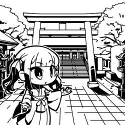 Rule 34 | 1girl, alternate costume, architecture, blunt bangs, cevio, chibi, commentary request, east asian architecture, feet out of frame, greyscale, hakama, japanese clothes, kimono, long hair, long sleeves, looking ahead, lowres, miko, monochrome, moyasiwhite, natsuki karin, otaru (hokkaido), outdoors, outline, parted lips, raised eyebrow, real world location, second-party source, shadow, shrine, solo, stairs, standing, stone lantern, synthesizer v, tree, twintails