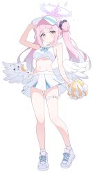 Rule 34 | 1girl, absurdres, alternate hairstyle, angel wings, blue archive, blush, breasts, cheerleader, closed mouth, double bun, feathered wings, hair bun, halo, highres, holding, holding pom poms, large breasts, long hair, looking at viewer, mika (blue archive), navel, nonddu, pink hair, pink halo, pleated skirt, pom pom (cheerleading), pom poms, shoes, simple background, skirt, smile, socks, solo, twintails, white background, white footwear, white skirt, white socks, white wings, wings, yellow eyes