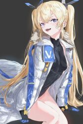 Rule 34 | 1girl, :d, arm support, bandaid, bandaid on cheek, bandaid on face, black leotard, blonde hair, blue eyes, blush, coat, elazale, fangs, fur collar, goddess of victory: nikke, grey background, headgear, highres, laplace (nikke), leotard, long coat, long hair, open mouth, pasties, sidelocks, simple background, sitting, smile, solo, turning head, twintails, two-tone gloves, white coat