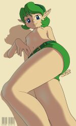 Rule 34 | 1girl, artist name, belt, belt buckle, blue eyes, breasts, buckle, closed mouth, feet out of frame, female focus, from below, green hair, green hairband, green shorts, hairband, highres, looking at viewer, looking down, nintendo, nipples, pointy ears, sabesanto, saria (zelda), short hair, short shorts, shorts, simple background, small breasts, smile, solo, standing, the legend of zelda, the legend of zelda: ocarina of time, thighs, topless, underboob