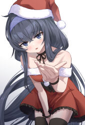Rule 34 | 1girl, black hair, black thighhighs, blue archive, blue eyes, blush, breasts, cowboy shot, dress, fingernails, frilled dress, frills, hat, highres, long hair, looking at viewer, open mouth, pom pom (clothes), red dress, red hat, santa costume, santa hat, small breasts, solo, thighhighs, ui (blue archive), yeogpu (seung832222)
