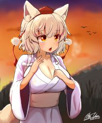 Rule 34 | 1girl, absurdres, animal ears, artist name, breasts, cleavage, grass, highres, inubashiri momiji, japanese clothes, kimono, large breasts, long sleeves, open mouth, orange sky, otomen maru-no-uchi, outdoors, pom pom (clothes), red eyes, short hair, signature, sky, solo, sunset, tail, touhou, white hair, white kimono, wolf ears, wolf girl, wolf tail