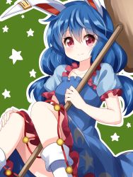 Rule 34 | 1girl, animal ears, blue dress, blue hair, rabbit ears, dress, earclip, eyes visible through hair, floppy ears, green background, highres, kine, long hair, looking at viewer, mallet, outline, puffy short sleeves, puffy sleeves, red eyes, ruu (tksymkw), seiran (touhou), short sleeves, simple background, smile, solo, star (symbol), starry background, touhou, white outline