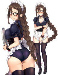 Rule 34 | 1girl, absurdly long hair, alternate costume, apron, ass, black-framed eyewear, blush, braid, breast press, breasts, brown eyes, brown hair, choker, covering privates, covering crotch, detached sleeves, fate/grand order, fate (series), frills, glasses, highres, holding, holding tray, long hair, looking at viewer, maid headdress, medium breasts, multiple views, naha78, nose blush, simple background, thighhighs, tray, very long hair, waist apron, waitress, white background, wrist cuffs, yu mei-ren (fate), yu mei-ren (first ascension) (fate)