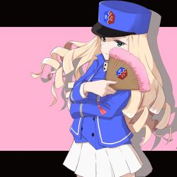 Rule 34 | 1girl, absurdres, bc freedom (emblem), bc freedom military uniform, blonde hair, blue hat, blue jacket, blue vest, closed mouth, commentary, cowboy shot, crossed arms, dress shirt, emblem, folding fan, girls und panzer, green eyes, hand fan, hat, high collar, highres, holding, holding fan, jacket, kepi, letterboxed, long hair, long sleeves, looking at viewer, marie (girls und panzer), military, military hat, military uniform, miniskirt, oritako, pleated skirt, shadow, shirt, skirt, smile, solo, standing, tassel, uniform, vest, white shirt, white skirt