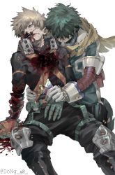 Rule 34 | 2boys, baggy pants, bakugou katsuki, belt, blonde hair, blood, blood on clothes, blood on face, bodysuit, boku no hero academia, cape, card, corpse, covered eyes, covered face, death, deep wound, dong 98, explosive, feet out of frame, gloves, green bodysuit, green gloves, green hair, grenade, hand on another&#039;s hand, hand on another&#039;s hip, head down, high collar, highres, holding, holding card, injury, knee pads, leaning on person, male focus, midoriya izuku, multiple boys, neck brace, official alternate costume, open mouth, orange gloves, pants, red eyes, short hair, simple background, spiked hair, spoilers, torn clothes, torn sleeve, twitter username, two-tone gloves, utility belt, white background, white gloves, yellow cape