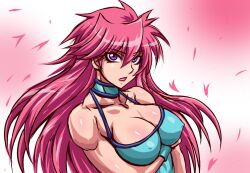 Rule 34 | 1girl, bare shoulders, breasts, cleavage, collarbone, crossed arms, falling petals, hair flowing over, highres, large breasts, long hair, looking at viewer, mighty yukiko, muscular, muscular female, open mouth, petals, purple eyes, retro artstyle, shiny skin, sketch, solo, spiked hair, taroimo (00120014), white background, wrestle angels, wrestling