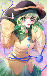 Rule 34 | 1girl, :p, absurdres, black hat, bow, buttons, commentary, cowboy shot, diamond button, floral print, frilled shirt collar, frilled sleeves, frills, green hair, green nails, green skirt, hand on headwear, hand up, hat, hat bow, hat ribbon, heart, heart in eye, heart of string, highres, komeiji koishi, long hair, long sleeves, looking at viewer, nyarocks, ribbon, rose print, shirt, skirt, sleeves past fingers, sleeves past wrists, smile, solo, symbol in eye, third eye, tongue, tongue out, touhou, wide sleeves, yellow ribbon, yellow shirt