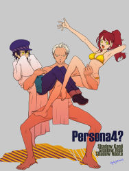 Rule 34 | 1boy, 2girls, :d, androgynous, atlus, bare shoulders, bikini, blue hair, breasts, cabbie hat, carrying, character name, copyright name, crossdressing, dark persona, fundoshi, halterneck, hat, japanese clothes, kujikawa rise, lab coat, long hair, long twintails, looking at viewer, multiple girls, open mouth, oyuyamio, pants, persona, persona 4, red hair, reverse trap, shadow (persona), shadow kanji, shadow naoto, shadow rise, shirogane naoto, shoes, short hair, signature, small breasts, smile, swimsuit, tatsumi kanji, twintails, white hair, yellow eyes