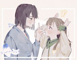 Rule 34 | !?, 2girls, black hair, blue cardigan, blunt bangs, blunt ends, braid, breasts, brown hair, cardigan, center-flap bangs, collarbone, commentary, eye contact, flying sweatdrops, fox shadow puppet, green eyes, hand on another&#039;s mouth, highres, hood, hoodie, inset border, kachimachi kosuzu, link! like! love live!, long hair, long sleeves, looking at another, loungewear, love live!, medium breasts, momose ginko, multiple girls, official alternate costume, orange background, outside border, pink eyes, platunoy 787, polka dot, polka dot background, rabbit pose, short hair, side braids, straight hair, sweatdrop, upper body, yellow hoodie, yuri