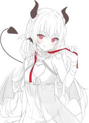 Rule 34 | 1girl, :q, bare shoulders, blush, braid, closed mouth, commentary, demon girl, demon horns, demon tail, demon wings, dress, english commentary, groin, hand up, highres, hitsukuya, horns, looking at viewer, navel, original, red eyes, red ribbon, ribbon, see-through, simple background, sleeveless, sleeveless dress, smile, solo, spot color, tail, tongue, tongue out, white background, wings