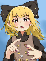 Rule 34 | 1girl, black bow, black shirt, blonde hair, blurry, blurry background, blush, bow, brown hair, brown vest, buttons, hair bow, highres, kurodani yamame, long sleeves, medium hair, purple nails, s zonmbi, saliva, shirt, solo, tongue, tongue out, touhou, upper body, vest