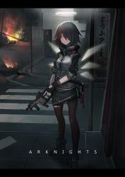 Rule 34 | 1girl, absurdres, arknights, black hair, chinese commentary, commentary request, exusiai (arknights), fingerless gloves, fire, foregrip, gloves, gun, hair over one eye, halo, heibaise jiangshi, highres, holding, holding gun, holding weapon, kriss vector, letterboxed, outdoors, pantyhose, road, short hair, solo, street, submachine gun, torn clothes, torn pantyhose, trigger discipline, weapon, wings, yellow eyes