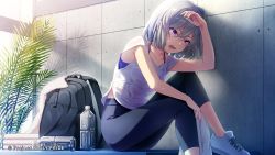 Rule 34 | 1girl, backlighting, backpack, bag, bottle, bra strap, collarbone, cygames, exhausted, hand on own head, highres, idoly pride, kanzaki rio, knees up, looking down, official art, open mouth, pants, plant, purple eyes, shoes, silver hair, sitting, sleeveless, sports bra, sweat, sweaty clothes, towel, water bottle, window